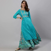 印度进口传统服饰旁遮比民族风情日常服纯棉刺绣2件套 孔雀蓝