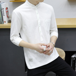 夏季男士衬衣7分袖，休闲修身亚麻青少年中袖，立领纯色衬衫韩版