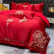高档奢华中式刺绣，婚庆四件套大红色床单被套，全棉纯棉结婚床上用品