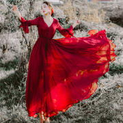 茶卡盐湖旅游拍照大摆长裙子海边度假超仙文艺红色雪纺沙滩连衣裙