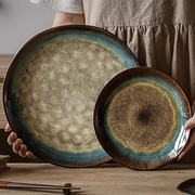 复古窑变不规则沙拉盘孔雀纹大小平盘陶瓷实用大盘餐盘水果盘子
