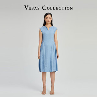 Vesas Collection唯尚女装 连衣裙 亚麻 凉爽 透气 腰间捏褶收身