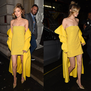gigi Hadid同款黄色长款风衣外套大衣+抹胸亮片连衣裙时尚套装女