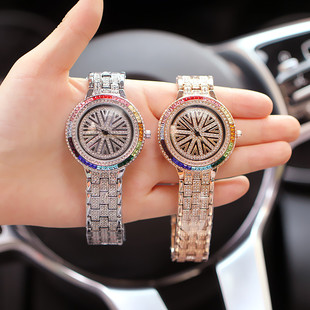 时装表大表盘网红款时尚指针式镶钻钢带女士手表时来运转腕表