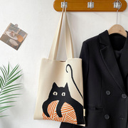 针织单肩手提包，可爱猫咪学生简约百搭帆布袋大容量，韩版购物袋文艺