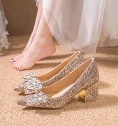 金色蝴蝶结高跟鞋女粗跟银色，水晶伴娘鞋婚鞋，单鞋亮片法式气质鞋子