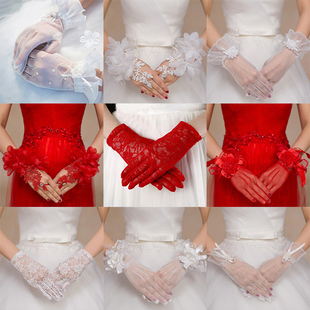 2023韩式婚礼新娘手套，蕾丝花朵结婚长款白色，红色短款婚纱配饰