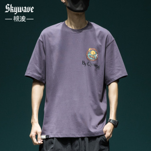 夏季重磅潮流紫色印花短袖T恤男美式宽松休闲半袖高品质圆领体恤
