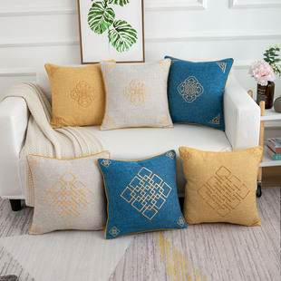 中式奢华亚麻感刺绣抱枕套不含芯正方北欧风沙发抱枕靠垫客厅靠枕