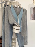 灰色v领不规则假两件针织，开衫女春季毛衣外套显瘦短款上衣小个子