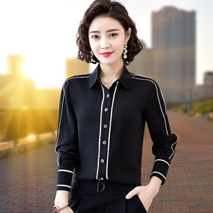 黑色衬衫女士长袖，黑衬衣雪纺设计感小众2023年春装高端职业寸