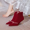 冬季婚鞋红色绒面短靴女2022年高级感高跟鞋细跟加绒新娘婚靴