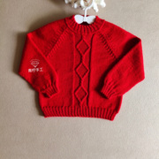 手编纯棉大红儿童针织衫毛衫开衫婴儿自己织宝宝套头毛衣材料包