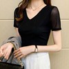 短袖v领女t恤夏季韩版修身黑色网纱打底衫，百搭纯色外穿大码上衣潮
