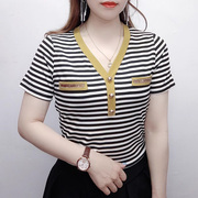 韩国黄色条纹v领短袖t恤女夏2024气质，洋气显瘦百搭减龄上衣潮