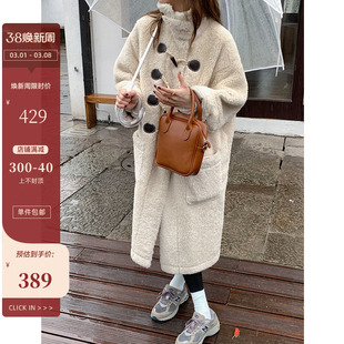 BingDaily牛角扣羊羔毛大衣女2023冬季韩版中长款加厚毛绒绒外套