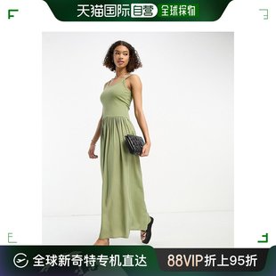 香港直邮潮奢 ASOS 女士设计罗纹圆领低腰中长连衣裙(卡其色)