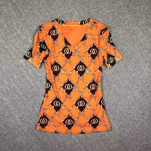 橙色小衫女网纱时尚品牌气质短袖，t恤女士上衣洋气女装打底衫