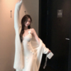 fairyjiang春季温柔风白色针织，吊带连衣裙长款长袖高领，毛衣裙(毛衣裙)