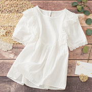 白色短袖娃娃衫女学生甜美荷叶边蕾丝拼接泡泡袖上衣纯棉圆领衬衫