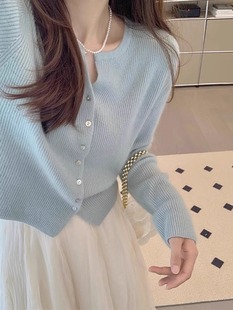韩系温柔慵懒风天蓝色毛衣，外套圆领设计感小众，针织开衫女早春外搭