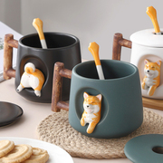 创意陶瓷柴犬杯子可爱个性动物盖勺办公室马克杯情侣精致咖啡水杯