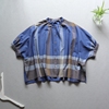 日式清爽蓝调格纹薄棉圆领七分袖蝙蝠袖宽松廓形衬衫