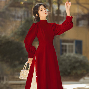 法式秋装旗袍裙红色复古浪漫连衣裙蕾丝长裙，高级感国风礼服裙子女