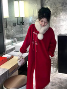 新年过年圣诞战袍富家千金新中式国风盘扣红色毛呢大衣外套女冬季
