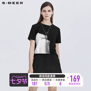 sdeer圣迪奥女装夏装时尚圆领字母印花小众黑色短袖T恤S21280122