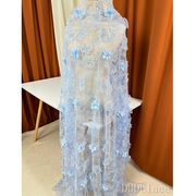 欧美重工网纱蕾丝布料，蓝色立体花亮片，钉珠连衣裙服装礼服刺绣面料