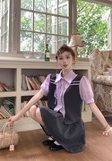 学院风甜酷设计感时尚假两件POLO领绑带衬衫高腰显白紫色短裙套装