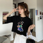 夏季韩版2023宽松短款可爱涂鸦恐龙印花小个子短袖T恤上衣女