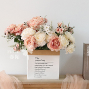 仿真11叉欧式牡丹花假花把花客厅摆设创意家居插花纸袋花组合套装