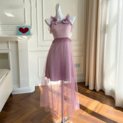 法式2024夏装设计度假风，紫色吊带裙海边度假旅游中长款连衣裙