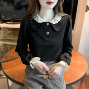 法国asw甜美蕾丝娃娃领衬衫女设计感小众2023春显瘦百搭黑色上衣