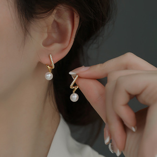 锆石珍珠耳环，2024气质耳钉高级感复古耳夹女无耳洞耳饰