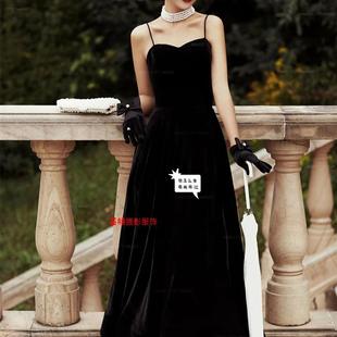 黑色法式晚礼服影楼修身复古赫本中长裙情侣主题婚纱摄影服装