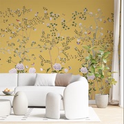 新中式工笔花鸟客厅电视背景墙壁画定制无纺布无缝壁纸壁布餐饮
