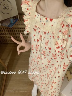 韩国卡通兔荷叶边夏季舒适学生，睡裙女宽短袖，短裤家居服套装可外穿