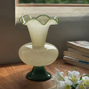 绿色芬顿玻璃花瓶中古法式波浪花边复古文艺风插花客厅装饰摆件