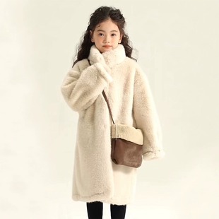 女童冬装长款仿皮草童装大衣，儿童保暖加厚皮毛，一体毛毛水貂绒外套