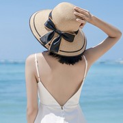 帽子女夏季户外海边大檐防晒遮阳草帽蝴蝶结沙滩帽折叠编织太阳帽