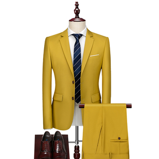 草黄色西服套装男式两件套修身青年学生单西商务休闲新郎西装