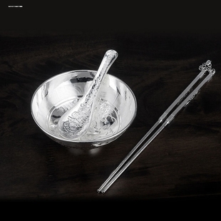 银碗筷三件套银碗银筷子银勺子宝宝家用银餐具认干亲送礼