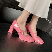 粉色低帮鞋真皮女鞋春季粗跟高跟鞋百搭漆皮玛丽珍单鞋浅口时装鞋