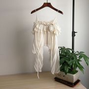 1816夏季压皱雪纺吊带衫，薄款设计感不规则荷叶，边网纱拼接上衣