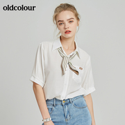 oldcolour2021夏季职业气质宽松垂感带领结短袖雪纺衬衫女