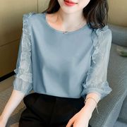 蕾丝木耳边雪纺衫女2022夏季宽松减龄七分袖衬衣圆领上衣女装