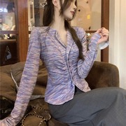 紫色长袖褶皱显瘦甜辣短款开衫上衣后开叉，高腰西装半身裙